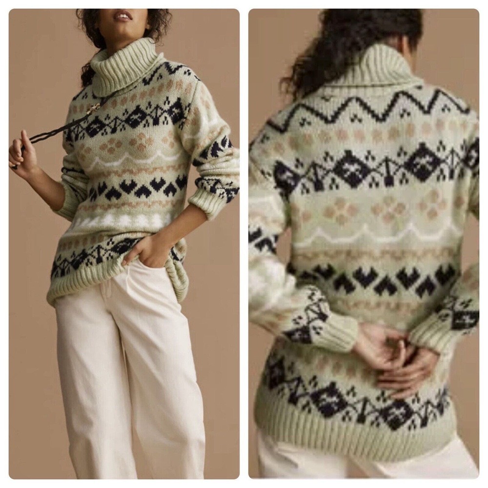 Anthropologie Mint Green Fair Isle Heavy Knit Turtleneck Tunic Sweater Size M